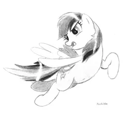 Size: 4059x3749 | Tagged: safe, artist:mizhisha, derpibooru import, rainbow dash, pony, flying, image, pencil drawing, png, simple background, traditional art