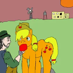 Size: 450x450 | Tagged: safe, artist:disco_ninja, derpibooru import, applejack, earth pony, human, pony, 1000 hours in ms paint, apple, feeding, female, food, image, john marston, male, mare, png