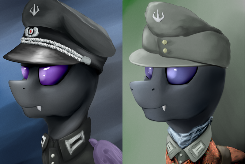 Size: 1872x1255 | Tagged: safe, artist:richmay, derpibooru import, oc, oc:ovix mantid, oc:vespad lus, unofficial characters only, changeling, equestria at war mod, bust, cap, changeling oc, clothes, fangs, hat, image, military uniform, png, portrait, uniform