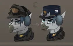 Size: 2200x1380 | Tagged: safe, artist:callsign-echo, derpibooru import, oc, oc:sophie altiert, unofficial characters only, gryphon, bust, cap, comparison, griffon oc, hat, headphones, image, png, portrait, solo, visor