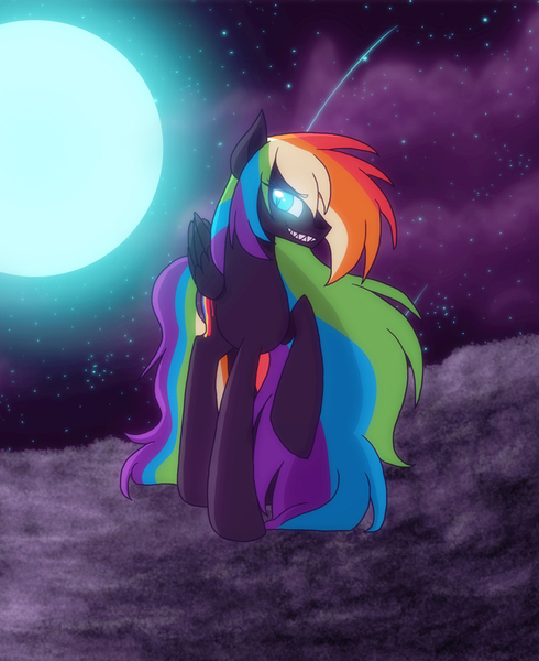 Size: 674x826 | Tagged: safe, artist:ashleynicholsart, banned from derpibooru, deleted from derpibooru, part of a set, ponerpics import, ponybooru import, rainbow dash, pegasus, pony, cloud, glowing eyes, image, jpeg, moon, night, nightmare rainbow dash, nightmarified, raised hoof, raised leg, rock, sharp teeth, sky, solo, stone, teeth