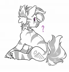 Size: 1966x2048 | Tagged: safe, artist:opalacorn, derpibooru import, oc, unofficial characters only, pony, zebra, grayscale, image, jpeg, looking at you, looking back, looking back at you, male, monochrome, partial color, simple background, sitting, solo, stallion, unshorn fetlocks, white background, zebra oc