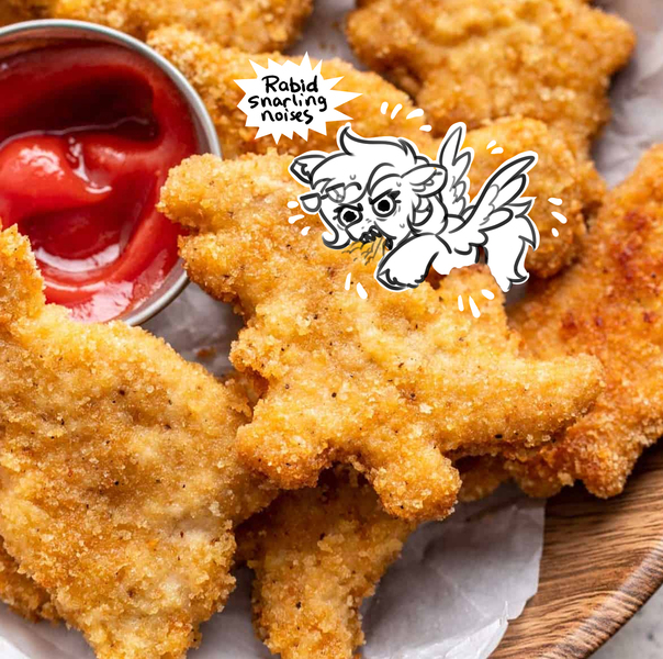 Size: 1600x1590 | Tagged: safe, artist:opalacorn, derpibooru import, oc, unofficial characters only, pegasus, pony, chicken meat, chicken nugget, commission, dialogue, dino nuggies, eating, emanata, food, image, irl, jpeg, ketchup vein, meat, photo, ponies eating meat, ponies in food, ponies in real life, solo, speech bubble, spread wings, tiny, tiny ponies, unshorn fetlocks, vein bulge, wings