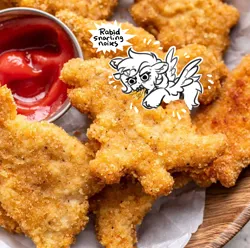 Size: 1600x1590 | Tagged: safe, artist:opalacorn, derpibooru import, oc, unofficial characters only, pegasus, pony, chicken meat, chicken nugget, commission, dialogue, dino nuggies, eating, emanata, food, image, irl, jpeg, ketchup vein, meat, photo, ponies eating meat, ponies in food, ponies in real life, solo, speech bubble, spread wings, tiny, tiny ponies, unshorn fetlocks, vein bulge, wings