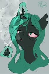 Size: 2017x3029 | Tagged: safe, artist:ryanmandraws, derpibooru import, queen chrysalis, changeling, changeling queen, doodle, drugs, female, high, image, jpeg, marijuana, sketch, smoking, solo, stoned, tired, vape