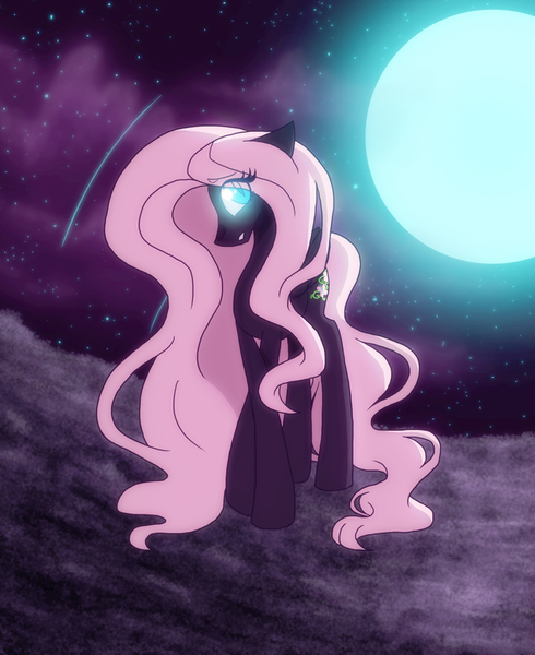 Size: 674x826 | Tagged: safe, artist:ashleynicholsart, banned from derpibooru, deleted from derpibooru, part of a set, ponerpics import, ponybooru import, fluttershy, pegasus, pony, cloud, crossed legs, female, glowing eyes, image, jpeg, moon, night, nightmare fluttershy, nightmarified, rock, sky, solo, stone