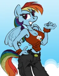 Size: 850x1100 | Tagged: safe, artist:trollie trollenberg, artist:wolfnanaki, derpibooru import, rainbow dash, anthro, pegasus, breasts, cargo pants, cleavage, clothes, colored, ear piercing, earring, female, grin, image, jewelry, midriff, pants, piercing, png, smiling, smirk, solo, wasp waist