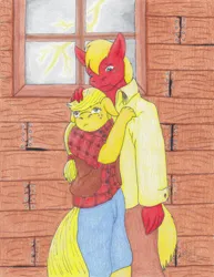 Size: 770x1000 | Tagged: safe, artist:lunarlight-prism, derpibooru import, applejack, big macintosh, anthro, earth pony, duo, female, hand on head, image, jpeg, lightning, male, scared, thunderstorm, traditional art, younger