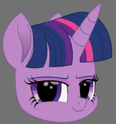 Size: 709x761 | Tagged: safe, artist:k. dale, derpibooru import, twilight sparkle, pony, unicorn, bust, female, g4, gray background, head only, image, looking at you, movie accurate, png, simple background, smug, solo, unicorn twilight