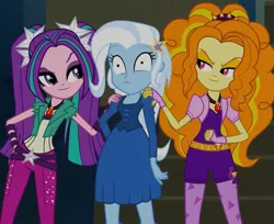 Size: 1221x994 | Tagged: safe, artist:9hex, derpibooru import, edit, edited screencap, screencap, adagio dazzle, aria blaze, sonata dusk, trixie, human, equestria girls, clothes, entranced, g4, hand on hip, hand on shoulder, hypnosis, hypnotized, image, jewelry, lidded eyes, looking at each other, looking at someone, my little pony equestria girls: rainbow rocks, necklace, png, shrunken pupils, smiling, smiling at each other, smirk, the dazzlings, trio