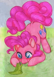 Size: 1638x2340 | Tagged: safe, artist:valeriakudlaeva, derpibooru import, gummy, pinkie pie, alligator, earth pony, pony, cute, diapinkes, duo, duo male and female, female, g4, image, jpeg, looking at each other, looking at someone, male, smiling, traditional art