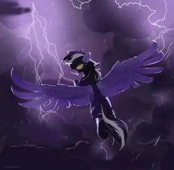 Size: 4208x4113 | Tagged: safe, artist:laymy, derpibooru import, oc, oc:violett spectrum, unofficial characters only, pegasus, pony, clothes, costume, high res, image, lightning, male, png, rain, shadowbolts costume, solo, spread wings, wings