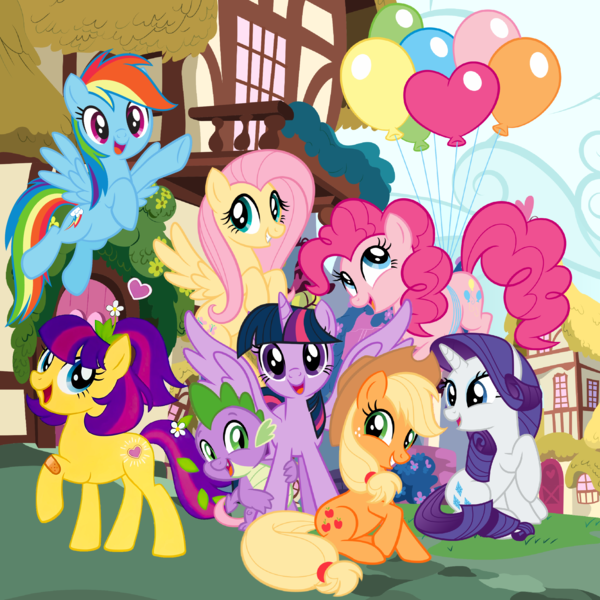 Size: 2548x2548 | Tagged: safe, ponerpics import, ponybooru import, applejack, fluttershy, pinkie pie, rainbow dash, rarity, spike, twilight sparkle, alicorn, earth pony, pegasus, pony, unicorn, balloon, bandaid, female, flower, flower in hair, gradient background, heart, image, in memoriam, leaf, looking at you, looking sideways, maggie joy, mare, open mouth, open smile, png, side view, smiling, smiling at you, solo, turned head