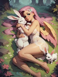 Size: 1600x2133 | Tagged: safe, ai content, derpibooru import, machine learning generated, prompter:wolferin, stable diffusion, fluttershy, human, rabbit, animal, barefoot, bottomless, breasts, busty fluttershy, clothes, colored wings, cutie mark on rabbit, dress, feet, g4, generator:pony diffusion v6 xl, hug, humanized, image, jpeg, long hair, no bra underneath, no panties, no underwear, prompt in source, see-through, sundress, two toned wings, wet clothes, winged humanization, wings