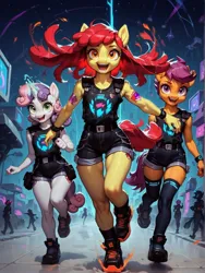 Size: 1600x2133 | Tagged: safe, ai content, derpibooru import, machine learning generated, prompter:wolferin, stable diffusion, apple bloom, scootaloo, sweetie belle, anthro, action pose, alternative cutie mark placement, child, clothes, cutie mark, cutie mark crusaders, cyberpunk, female, g4, generator:pony diffusion v6 xl, image, jpeg, magic, magic aura, prompt in source, running, the cmc's cutie marks, trio, trio female, trio focus, underage, young