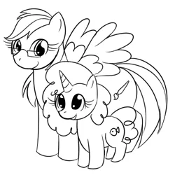 Size: 500x500 | Tagged: safe, artist:kloudmutt, derpibooru import, oc, unofficial characters only, pegasus, pony, unicorn, duo, female, filly, foal, glasses, horn, image, jpeg, mare, monochrome, simple background, smiling