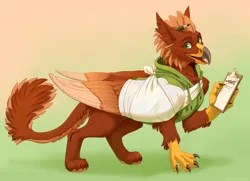 Size: 2690x1951 | Tagged: safe, artist:mihoku-san, derpibooru import, oc, oc:pavlos, gryphon, bandage, beak, broken bone, broken wing, cast, cheek fluff, claws, clipboard, clothes, colored wings, commission, eared griffon, gradient background, griffon oc, happy, image, injured, non-pony oc, nonbinary, pencil, png, simple background, sling, smiling, tail, wings