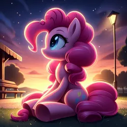 Size: 1024x1024 | Tagged: safe, ai content, derpibooru import, machine learning generated, prompter:equestria pony fans, pinkie pie, earth pony, pony, bench, cloud, evening, eyebrows, female, g4, generator:bing image creator, generator:dall-e 3, grass, ground, heart, hill, image, jpeg, mare, outdoors, sitting, sky, smiling, solo, stars, streetlight, tree, wood, wrong cutie mark