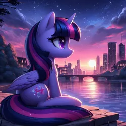 Size: 1024x1024 | Tagged: safe, ai content, derpibooru import, machine learning generated, prompter:equestria pony fans, twilight sparkle, twilight sparkle (alicorn), alicorn, pony, bridge, building, city, cloud, evening, female, g4, generator:bing image creator, generator:dall-e 3, horn, image, jpeg, mare, river, shiny, sitting, sky, skyscraper, smiling, solo, stars, sun, sunset, tree, water, wings, wrong cutie mark