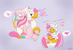 Size: 2317x1590 | Tagged: safe, artist:foxxy-arts, derpibooru import, oc, oc:foxxy hooves, oc:medley, unofficial characters only, hippogriff, rabbit, animal, blushing, duo, duo female, female, furry, furry oc, furry to hippogriff, hippogriff oc, image, lidded eyes, open mouth, png, self paradox, self ponidox, transformation, transformation sequence