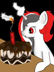 Size: 1140x1515 | Tagged: safe, artist:wh189, derpibooru import, oc, oc:red rocket, unofficial characters only, unicorn, birthday, cake, candle, dynamite, explosives, food, horn, image, magic, png, solo, table