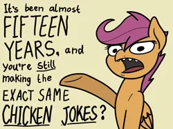 Size: 2048x1533 | Tagged: safe, artist:ewoudcponies, derpibooru import, scootaloo, pegasus, pony, female, filly, foal, folded wings, g4, image, meme, open mouth, png, scootachicken, scootaloo is not amused, simple background, solo, teeth, unamused, wings, yellow background