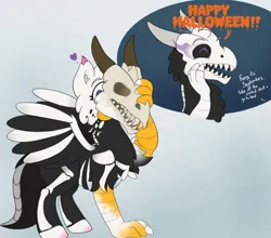 Size: 1280x1126 | Tagged: safe, artist:foxxy-arts, derpibooru import, oc, oc:foxxy hooves, unofficial characters only, dragon, hippogriff, bone, eyes closed, female, halloween, heart, hippogriff oc, hippogriff to dragon, holiday, image, jpeg, open mouth, skeleton, skull, solo, species swap, transformation, transformation sequence