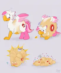 Size: 1061x1280 | Tagged: safe, artist:foxxy-arts, derpibooru import, oc, oc:foxxy hooves, unofficial characters only, hippogriff, blushing, cheese, cheese wheel, exclamation point, female, food, food transformation, heart, hippogriff oc, image, inanimate tf, jpeg, open mouth, sign, solo, splitting, transformation, transformation sequence