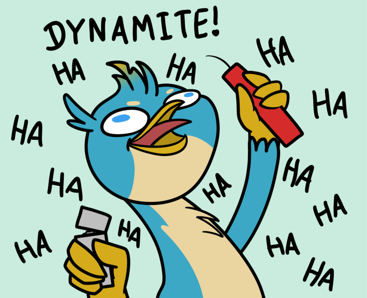 Size: 2048x1668 | Tagged: safe, artist:ewoudcponies, derpibooru import, gallus, gryphon, beak, dynamite, evil laugh, explosives, g4, image, laughing, lighter, male, mint background, open beak, open mouth, open smile, png, simple background, smiling, solo, teenager, this will end in explosions