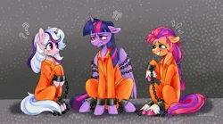 Size: 5231x2917 | Tagged: safe, artist:redsnout, derpibooru import, sunny starscout, twilight (g1), twilight sparkle, twilight sparkle (alicorn), alicorn, g1, g5, chained, chains, commissioner:rainbowdash69, cuffed, cuffs, g4, grin, horn, horn ring, image, jewelry, jpeg, magic suppression, nervous, nervous grin, never doubt rainbowdash69's involvement, prisoner ss, prisoner ts, ring, shackles, smiling, sunny and her heroine