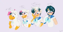 Size: 1280x658 | Tagged: safe, derpibooru import, oc, oc:foxxy hooves, hippogriff, human, blushing, bowtie, eye clipping through hair, female, heart, hippogriff oc, hippogriff to human, image, japanese, jpeg, moon runes, open mouth, sailor mercury, sailor moon (series), speech change, transformation, transformation sequence