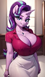 Size: 2400x4080 | Tagged: suggestive, ai content, derpibooru import, machine learning generated, starlight glimmer, anthro, big breasts, blouse, breasts, busty starlight glimmer, cleavage, clothes, image, jewelry, jpeg, necklace, office lady, pencil skirt, prompter:lotsofcaps, skirt, tight clothing