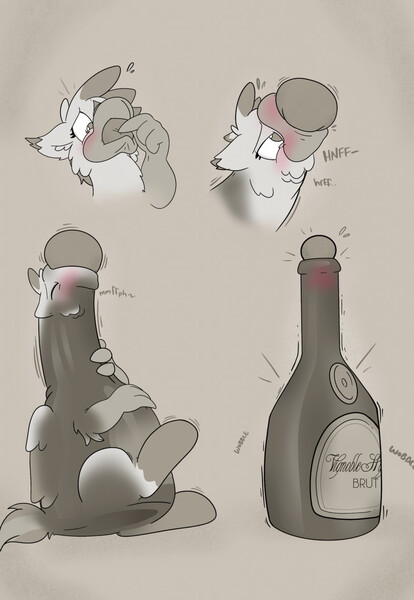 Size: 884x1280 | Tagged: safe, artist:foxxy-arts, derpibooru import, oc, oc:foxxy hooves, unofficial characters only, hippogriff, alcohol, blushing, bottle, champagne, cork, eyes closed, female, hippogriff oc, image, inanimate tf, jpeg, lidded eyes, monochrome, solo, sweat, transformation, transformation sequence, wine, wine bottle