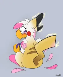 Size: 1043x1280 | Tagged: safe, artist:foxxy-arts, derpibooru import, oc, oc:foxxy hooves, unofficial characters only, hippogriff, pikachu, blushing, butt, electricity, female to male, hippogriff oc, image, jpeg, looking back, mid-transformation, playing, plot, pokefied, pokémon, rule 63, solo, species swap, transformation, transgender transformation