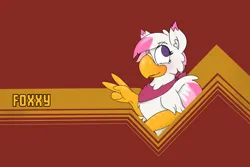 Size: 1280x855 | Tagged: safe, artist:foxxy-arts, derpibooru import, oc, oc:foxxy hooves, unofficial characters only, hippogriff, aesthetics, bandana, blushing, famicom, female, hippogriff oc, image, jpeg, open mouth, open smile, red background, simple background, smiling, solo