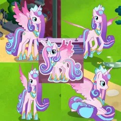 Size: 720x720 | Tagged: safe, derpibooru import, editor:megalobronia, princess flurry heart, alicorn, pony, adult flurry heart, collage, crown, female, flying, g4, game screencap, gameloft, gauntlet, hoof shoes, image, jewelry, jpeg, lying down, older, older flurry heart, peytral, ponyloaf, prone, regalia, sitting, spread wings, wings