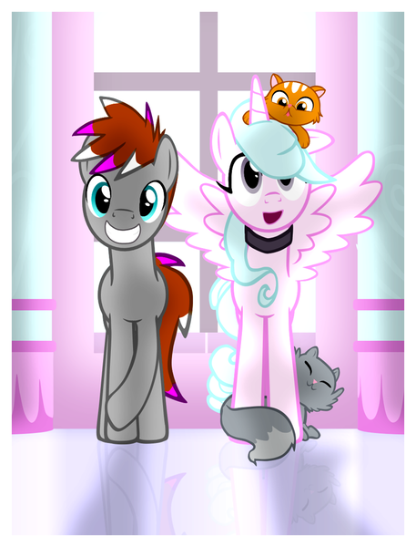 Size: 958x1257 | Tagged: safe, artist:equestriaexploration, derpibooru import, oc, oc:meadow step, unofficial characters only, alicorn, cat, earth pony, pony, female, image, male, mare, png, stallion