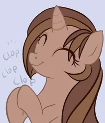 Size: 484x566 | Tagged: safe, artist:clovercoin, derpibooru import, oc, oc:mocha delight, unofficial characters only, pony, unicorn, ^^, bust, clapping, clapping ponies, eyes closed, female, horn, image, mare, png, simple background, solo