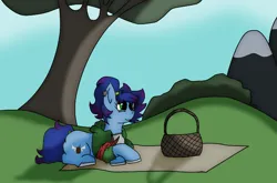 Size: 1440x948 | Tagged: safe, artist:thomas.senko, derpibooru import, oc, oc:sunrise heaven, unofficial characters only, earth pony, pony, basket, blue hair, blue skin, blue sky, female, green eyes, happy, heart, image, mare, mountain, picnic, picnic basket, picnic blanket, pink hair, png, smiley face, smiling, solo, tree, white hooves