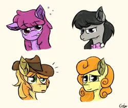 Size: 1063x891 | Tagged: safe, artist:gotyx96, derpibooru import, berry punch, berryshine, braeburn, carrot top, golden harvest, octavia melody, earth pony, pony, black mane, blushing, bowtie, bust, cowboy hat, drunk, drunk bubbles, ear fluff, gray coat, green eyes, hat, image, magenta eyes, magenta mane, orange mane, png, purple coat, purple eyes, simple background, two toned mane, yellow coat