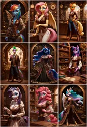 Size: 3328x4864 | Tagged: safe, ai content, derpibooru import, machine learning generated, part of a set, prompter:lunarusnexus, stable diffusion, applejack, fluttershy, pinkie pie, princess celestia, princess luna, rainbow dash, rarity, spike, twilight sparkle, alicorn, anthro, dragon, unguligrade anthro, absurd resolution, bust, g4, image, jewelry, jpeg, mane six, portrait, portrait of a princess, preview, regalia, steampunk