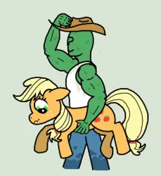 Size: 726x791 | Tagged: safe, artist:cutehorseprions, derpibooru import, applejack, oc, oc:anon, earth pony, human, pony, applejack's hat, cowboy hat, duo, embarrassed, female, g4, hat, holding a pony, image, looking down, mare, muscles, png, smiling, sweat