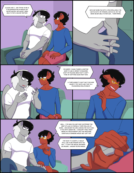 Size: 2048x2643 | Tagged: safe, artist:shallowwin, derpibooru import, oc, oc:benjamin terrance tover, unofficial characters only, anthro, earth pony, pegasus, pony, anthro oc, comic, commission, dialogue, earth pony oc, gay, glasses, hand, image, male, oc x oc, pegasus oc, png, sad, shipping, stallion, stallion on stallion, wings