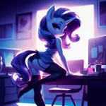 Size: 1024x1024 | Tagged: suggestive, ai content, derpibooru import, machine learning generated, prompter:glimmy-glam, rarity, anthro, backlighting, chair, clothes, computer, desk, dress, female, g4, garter belt, generator:dall-e 3, high heels, image, jpeg, looking at you, looking over shoulder, minidress, office, shoes, skirt, skirt lift, socks, solo, solo female, stiletto heels, stockings, sultry pose, tail, thigh highs, window, wrong eye color