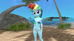 Size: 1920x1080 | Tagged: suggestive, artist:oatmeal!, derpibooru import, rainbow dash, human, equestria girls, 3d, beach, belly button, bikini, boat, breasts, cleavage, clothes, g4, gmod, image, island, looking at you, ocean, png, sexy, solo, spread legs, spreading, standing, swimsuit, tropical, water