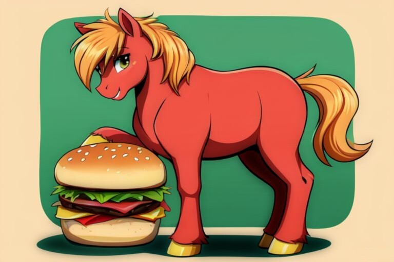 Size: 768x512 | Tagged: safe, ai content, derpibooru import, machine learning generated, prompter:chillyhooves, stable diffusion, big macintosh, earth pony, pony, big mac (burger), burger, food, hamburger, image, jpeg, namesake, pun, solo, visual pun