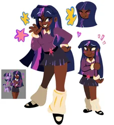 Size: 1860x2048 | Tagged: safe, artist:billtism, derpibooru import, twilight sparkle, twilight sparkle (alicorn), alicorn, human, pony, belt, blackwashing, clothes, dark skin, eyes closed, female, flats, grin, heart, humanized, image, jpeg, leg warmers, mare, shirt, shoes, simple background, skirt, smiling, socks, solo, stars, twiabetes, waving, white background