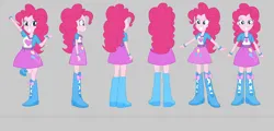 Size: 4170x2009 | Tagged: safe, artist:qbert2kcat, derpibooru import, pinkie pie, human, equestria girls, boots, clothes, female, g4, gray background, high heel boots, image, jacker, png, shirt, shoes, simple background, skirt, solo, vest