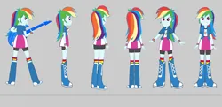 Size: 4176x2027 | Tagged: safe, artist:qbert2kcat, derpibooru import, rainbow dash, human, equestria girls, boots, clothes, female, g4, gray background, guitar, high heel boots, image, jacket, musical instrument, png, shirt, shoes, simple background, skirt, socks, solo, vest