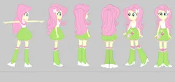 Size: 4340x2045 | Tagged: safe, artist:qbert2kcat, derpibooru import, fluttershy, human, equestria girls, boots, clothes, female, g4, gray background, high heel boots, image, png, shirt, shoes, simple background, skirt, socks, solo